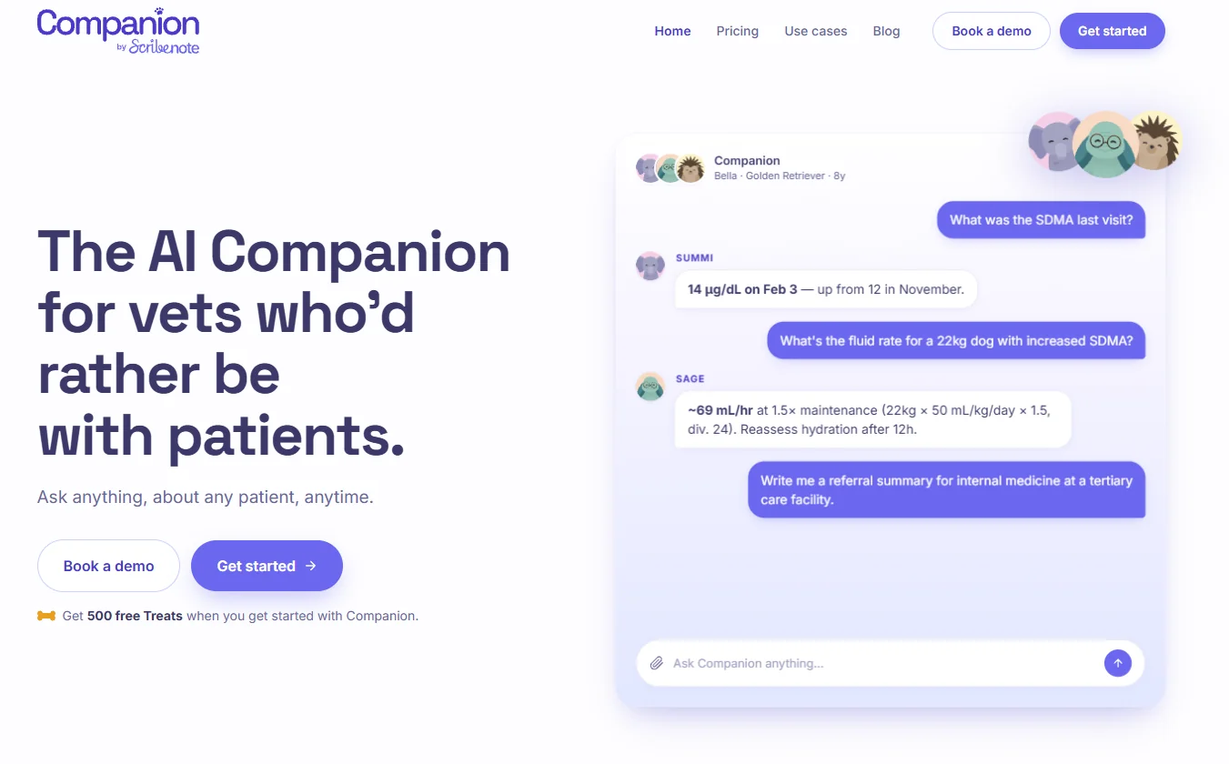 askcompanion.com homepage: The AI Companion for vets who would rather be with patients