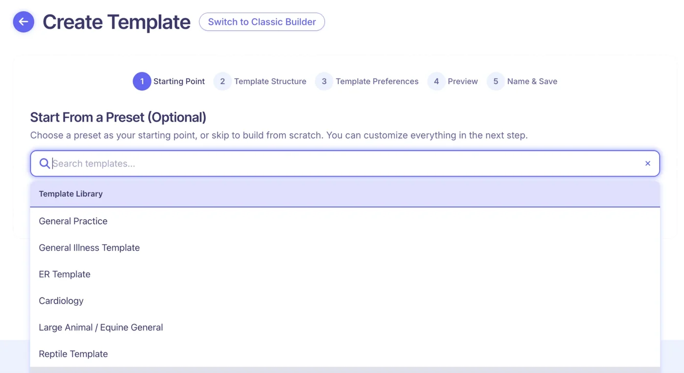 Scribenote Create Template screen with a Start From a Preset search listing Template Library presets