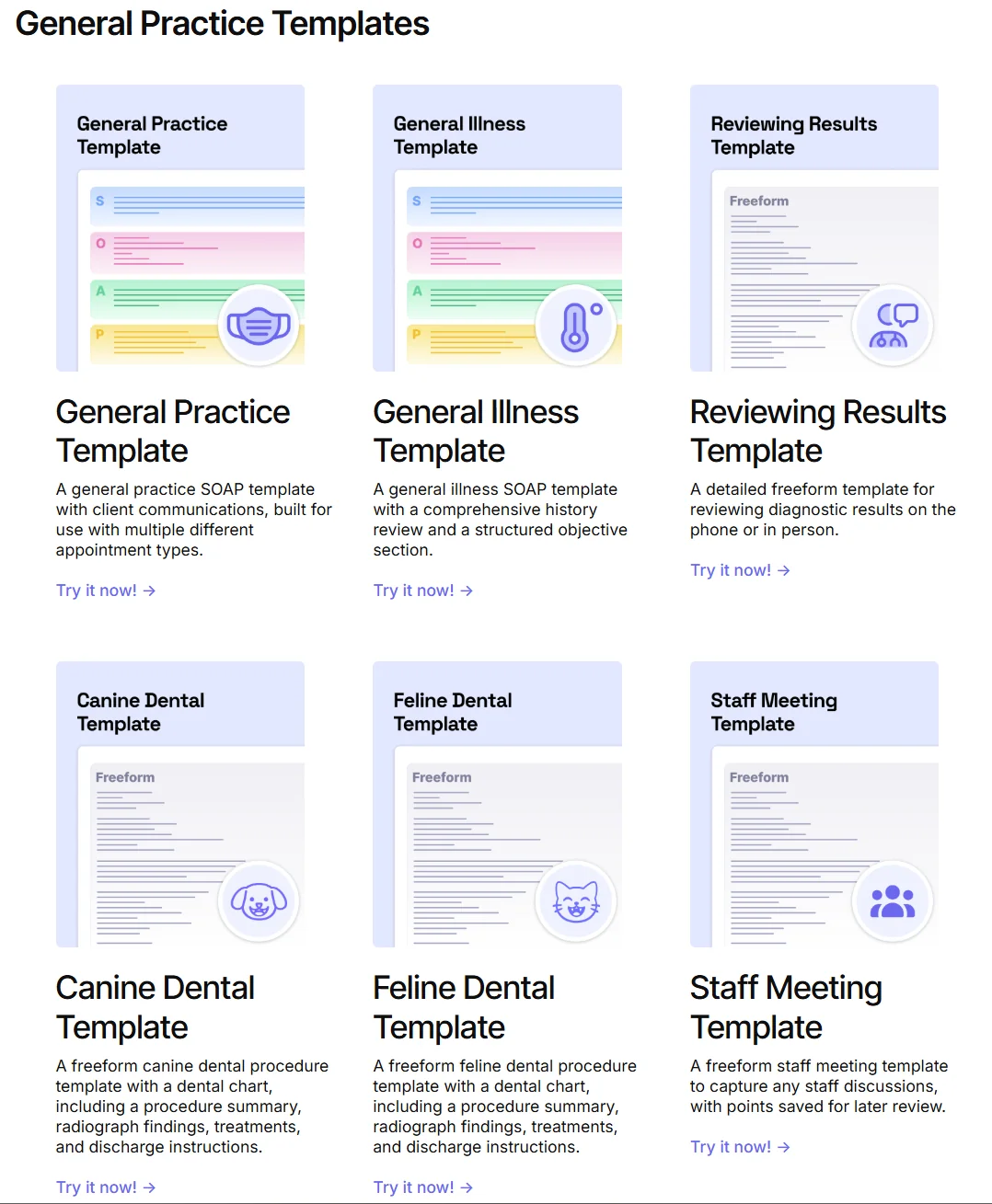 Scribenote template library page showing General Practice, General Illness and Reviewing Results template cards